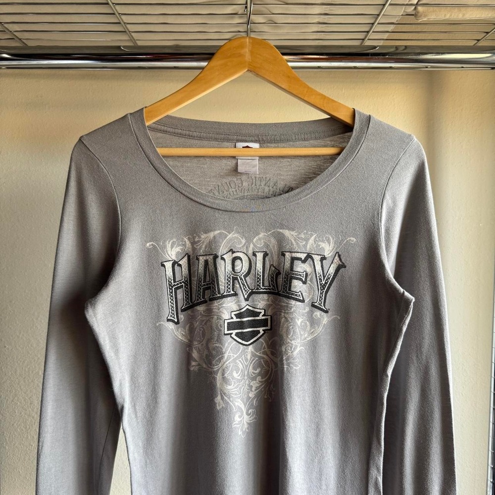 Harley Davidson Atlantic County Grey Lace Cuff Long Sleeve Tee Womens Medium